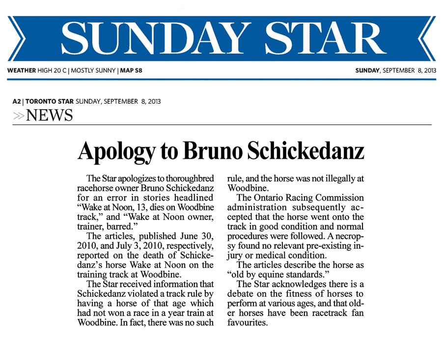 Toronto Star 2013-09-08 - Apology to Schickedanz by Toronto Star